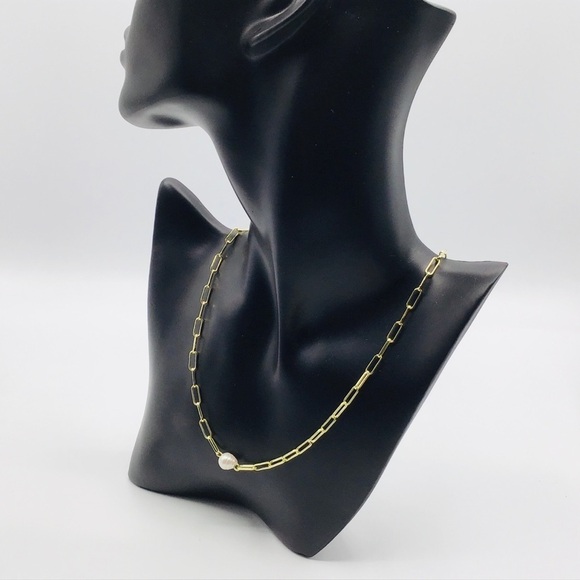 New Necklace Fresh Water Pearl 14k Yellow Gold Plated Paper Clip Chain L… - Picture 2 of 8